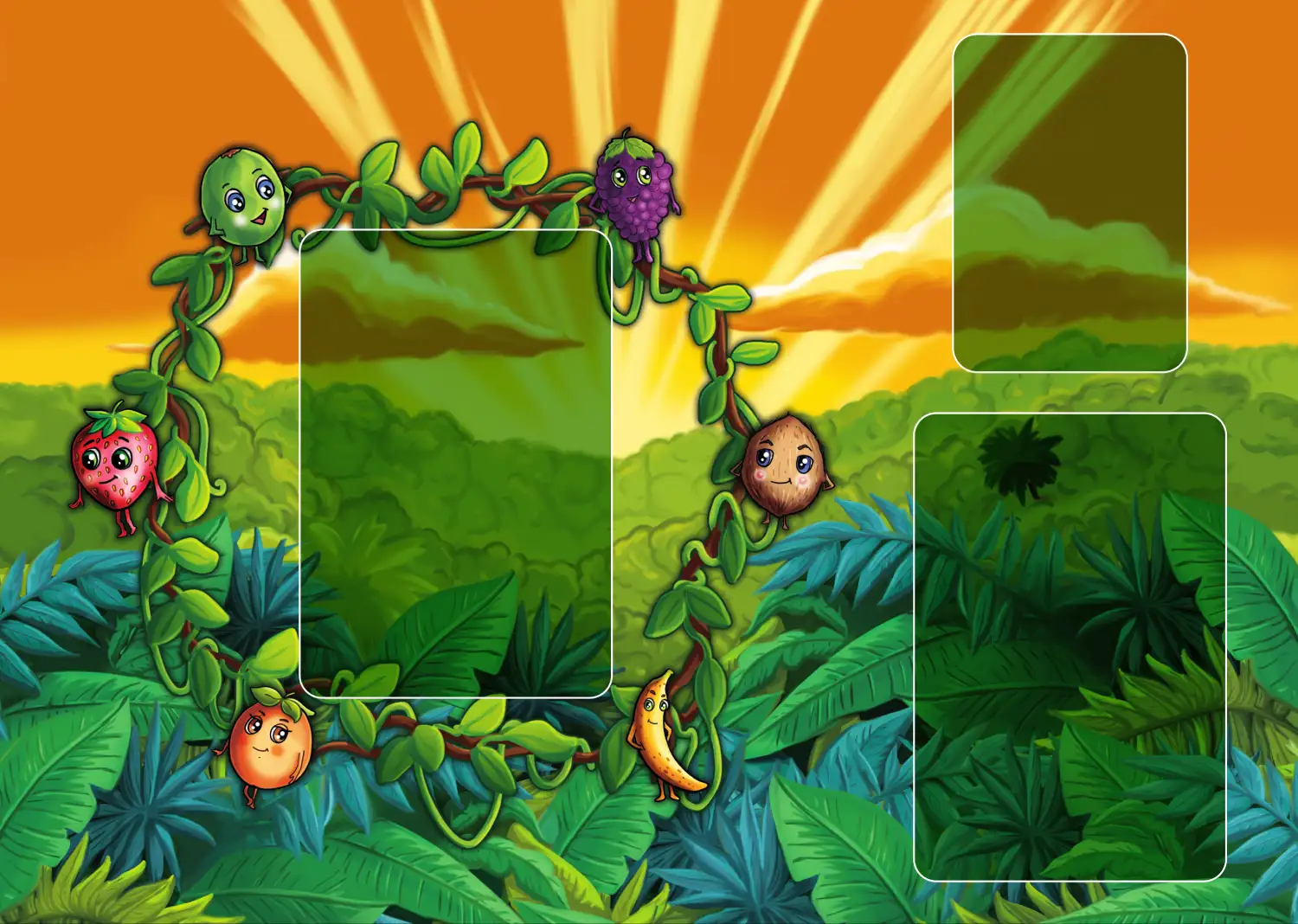 Plateau de jeu coloré du jeu de société Qui dit vrai ?, illustré avec un cercle de fruits au millieu, des emplacements pour les cartes à jouer et les cartes Défi