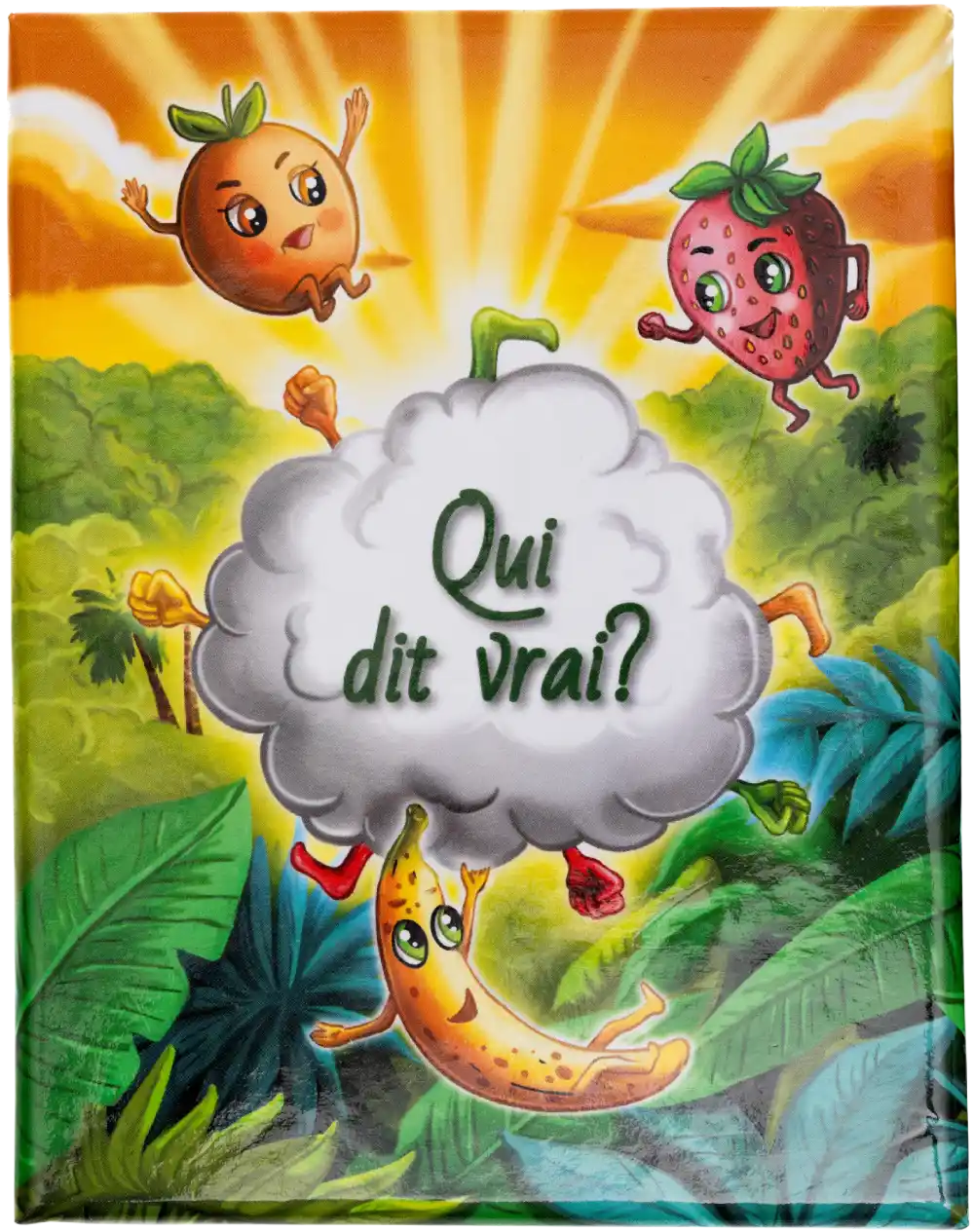 Couvercle de la boîte du jeu de société Qui dit vrai ? avec illustration colorée des fruits et logo visible