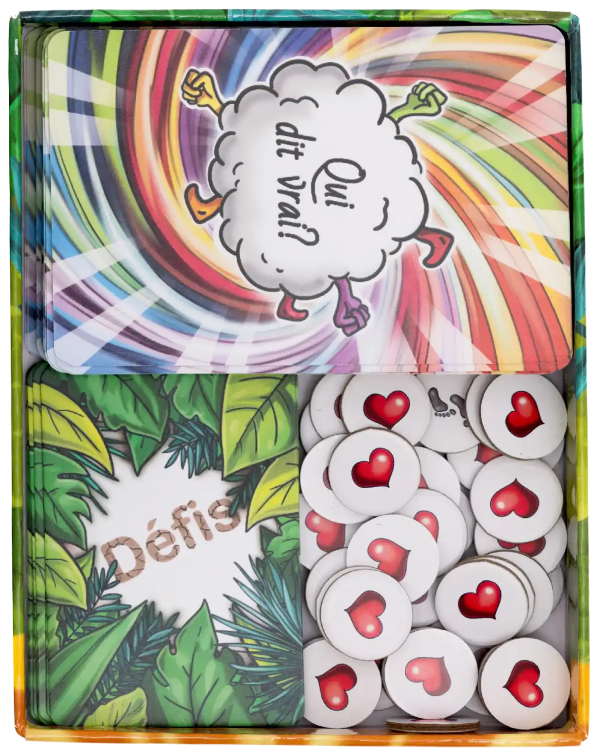 Contenu de la boîte du jeu Qui dit vrai ? une fois ouverte : cartes illustrées, plateau de jeu et éléments rangés