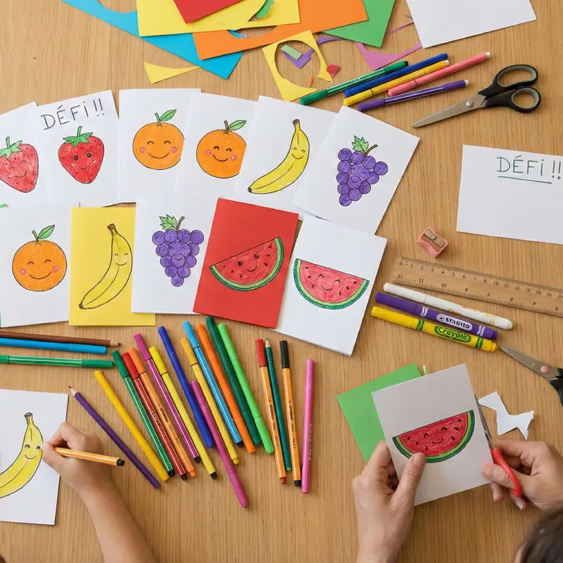 Vue de dessus d'une table de bricolage familial avec des cartes de jeu faites maison représentant des fruits dessinés aux feutres par des enfants