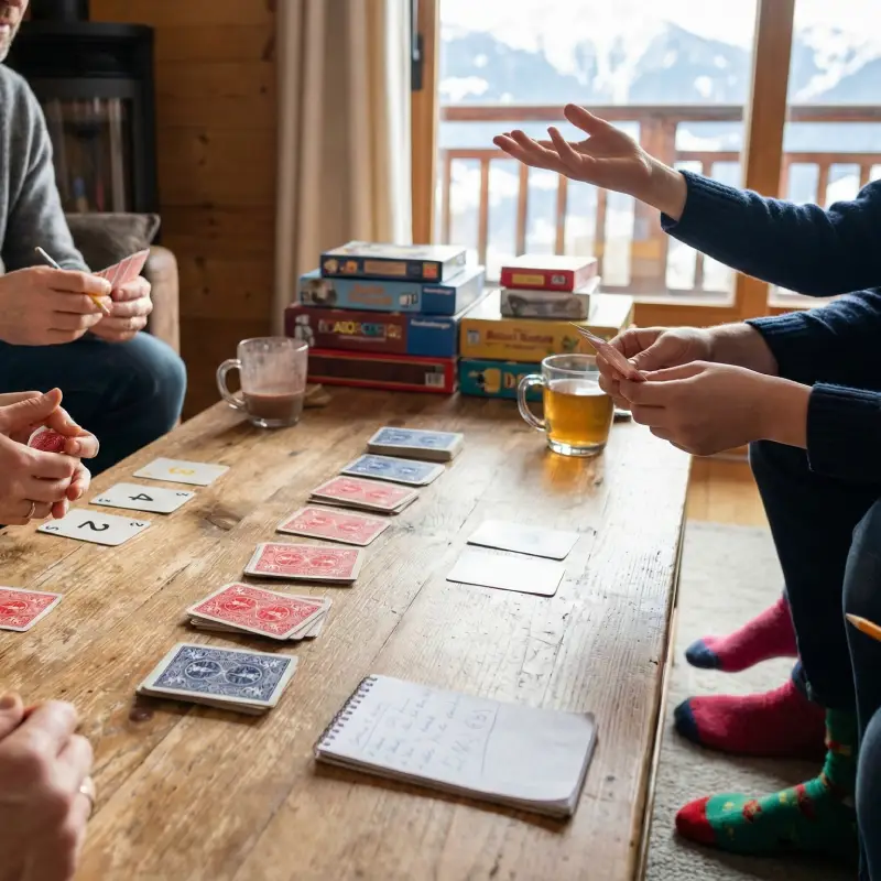 Une famille joue à un jeu de cartes classique dans leur salon chaleureux, un enfant propose une nouvelle règle avec animation