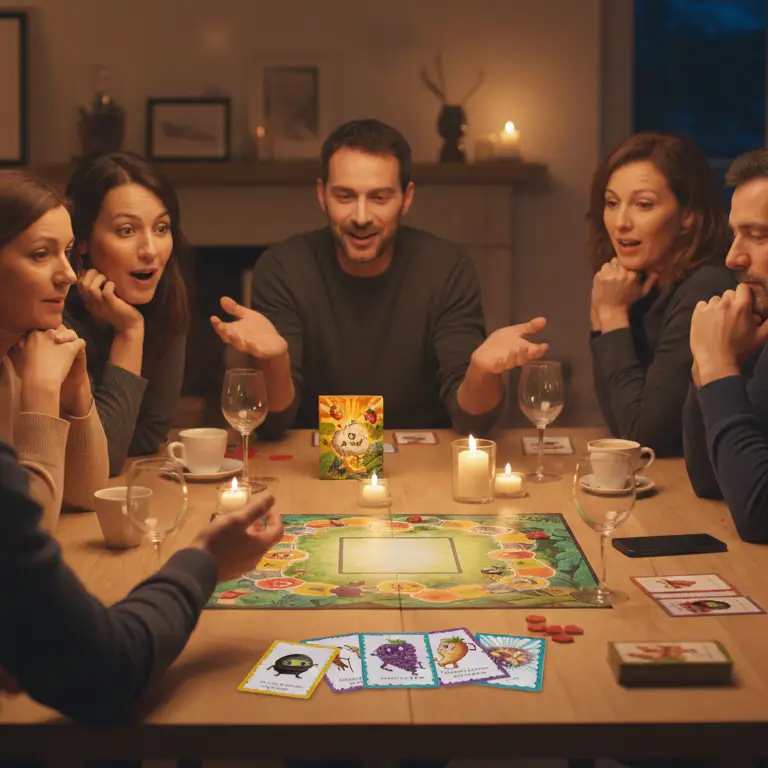 Des amis découvrent avec enthousiasme le prototype unique du jeu Qui dit vrai? lors d'une soirée conviviale